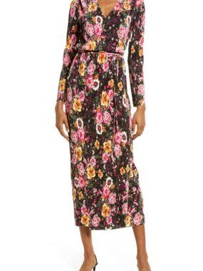 Charles Henry floral print long-sleeve wrap midi dress